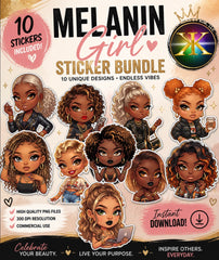 Paquete de calcomanías glamorosas de Melanin Girl en formato PNG (10 diseños) – Descarga digital